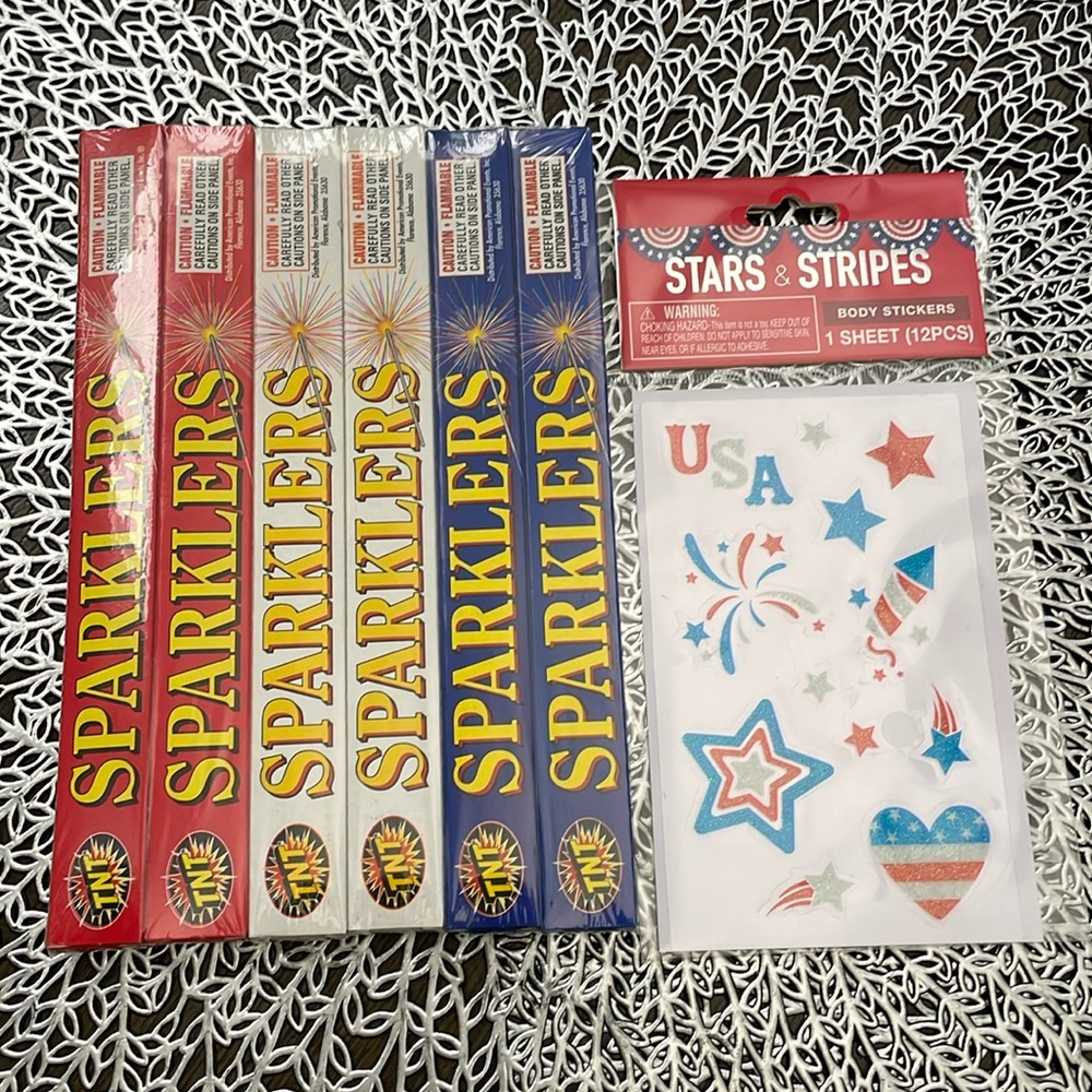 New Sparklers (6pack) & Patriotic Body Stickers (12 Piece) Bundle 🇺🇸 🎇